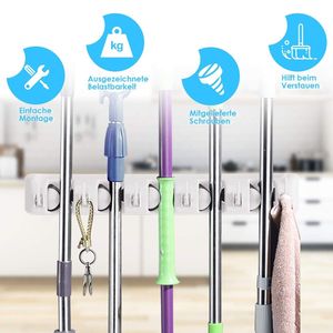 Supporto da parete per scopa con 5 posizioni - Gancio portaoggetti in metallo per casa, ufficio, soggiorno, camera da letto - Product Image 4