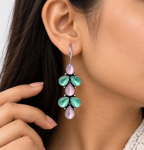Boucles d'oreilles pendantes en argent oxydé multi-pierres, motif floral, pour femmes, bijoux en gros - Product Image 5