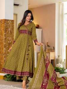 Traje Salwar Kameez de Algodón para Mujer, Estilo Anarkali, Estampado Ajrakh, Tradicional, Largo hasta el Tobillo, Ropa Casual, Estilo India Pakistán - Product Image 2
