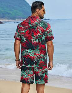 mens red green tropical leaf print <b>short</b> <b>sleeve</b> lapel <b>button</b> <b>up</b> shirt matching <b>shorts</b> 2 piece set casual hawaiian outfit - Product Image 2