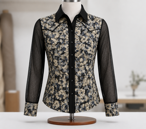 Women's Floral Print Western Shirt With <b>Black</b> <b>Mesh</b> <b>Sleeves</b> Button Front Equestrian Show <b>Top</b> - Product Image 1