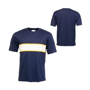 Camiseta de algodón de manga corta con cuello redondo azul marino para hombre, con detalle clásico de franja en el pecho, para uso diario informal de verano. - Product Image 1