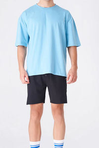 Men's Light Blue Crew Neck T-Shirt <b>Set</b> With Black Shorts Solid Color Casual Summer Wear - Product Image 2