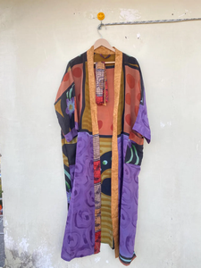 Kimono vintage en soie bleu et marron fait à la main avec ceinture fabuleuse pour la vie quotidienne en été automne printemps - Product Image 3