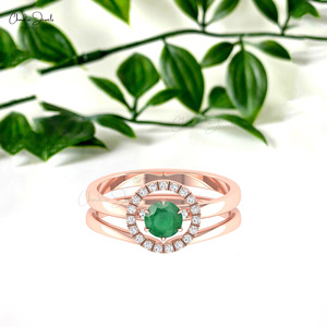 Top Products Zambian Emerald 5mm Round Cut & Diamond Halo Braided Stacking <b>Ring</b> with 14k Solid Gold Promise <b>Ring</b> for <b>Couple</b> - Product Image 2