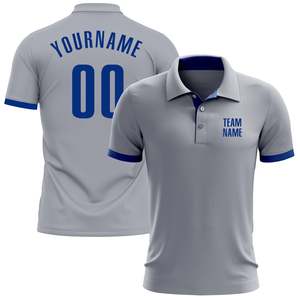 Polo de football gris personnalisé pour homme avec bordure bleue, nom et numéro d'équipe sublimés, évacuation de l'humidité, coupe classique, manches courtes - Product Image 1