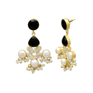 Boucles d'oreilles pendantes vintage en onyx noir, zircone cubique et perle d'eau douce, plaqué or 24 carats, en laiton, pour femme, mariage, 3 niveaux - Product Image 2