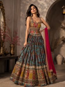 Conjunto de Lehenga Choli de seda con efecto mantequilla, estampado digital, con encaje y pedrería, Dupatta de encaje, largo hasta el suelo, para fiesta, para mujer - Product Image 6