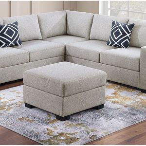 Contemporaneo 4 pezzi Set divano sezionale Beige bouclé In tessuto incorporato Shelfs Design a forma di L Loveseat zeppa ottomana per soggiorno - Product Image 3