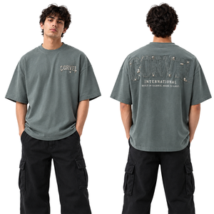 Distressed Wash Streetwear <b>men's</b> <b>shirts</b> Tackle Twill Fabric Applique Oversized T-<b>Shirt</b> Short Sleeves Custom Embossed Front Logo - Product Image 1