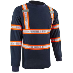 เสื้อเชิ้ตทำงานแขนยาวสีกรมท่าสำหรับผู้ชาย พร้อมแถบสีส้มและผ้าโพลีเอสเตอร์ระบายอากาศได้ดี - Product Image 3