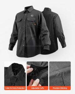 เสื้อเชิ้ตทำงานป้องกันไฟไหม้สำหรับมืออาชีพ ทรงปกติ สีดำ ป้าย FR ทนความร้อน 300C-500C พร้อมกระเป๋าเสื้อที่อก - Product Image 3