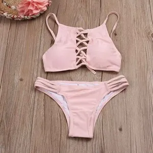 Women's Pink Bikini Set <b>Crossed</b> Halter Lace Up <b>Top</b> Thong Bottoms Solid Color Stretch Swimwear Two Piece - Product Image 4