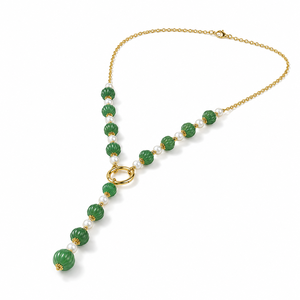 Collar Personalizado Chapado en Rodio con Jade Verde, Perlas Acanaladas, Anillo de Estación y Cadena Lariat en Y, Regalo de Lujo Fino para Mujer - Product Image 2