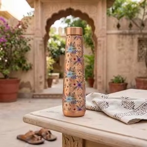 Copper Water Bottle Floral Design Handcrafted Portable Travel <b>Drinkware</b> - Product Image 1
