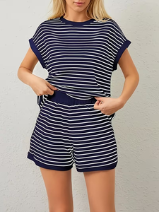 Women's Casual Fashion Loungewear Two-Piece Set Striped Color Block T-Shirt Matching Elastic Waist Pocket Shorts 100% Cotton for - Product Image 4