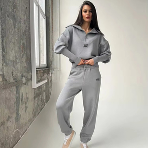 OEM Women Ash Knitted Two Piece Set Casual Zip Neck Sweater and Elastic Waist Pants Factory Supplier - Product Image 1