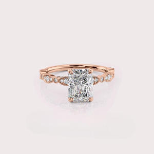 Anillo de Compromiso de Moissanita con Corte Redondo, Oro Blanco, Halo Oculto, Banda Pavé, Anillo Solitario Nupcial, Elegante Anillo de Promesa de Boda - Product Image 1