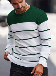 Camisa Casual de Punto para Hombre, a Rayas Verdes y Blancas, Manga Larga, Sin Cuello, Moda Primavera, 100% Algodón, Antiencogimiento, ODM - Product Image 3