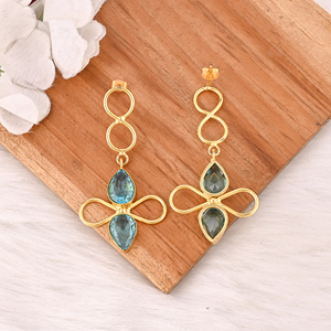 Boucles d'oreilles pendantes en laiton plaqué or avec topaze bleue hydrogénée, bijoux faits à la main, tendance - Product Image 5