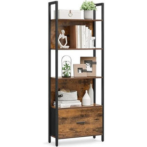 Durable 4-Tier Bookshelf Drawer Modern <b>Rustic</b> Brown Wood Panel Bookshelves for Bedroom Living Room Storage Rack Drawer - Product Image 6