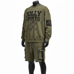 Ensemble sweat-shirt et short cargo en molleton de coton brossé 400 GSM pour homme, couleur olive, logo graphique personnalisé - Product Image 4