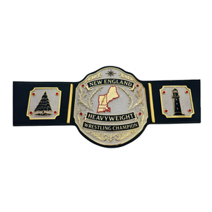Ceinture de champion de lutte poids lourd de la Nouvelle-Angleterre, qualité supérieure, sangle noire avec plaques or et rouge, ornée d'un arbre et d'un phare - Product Image 1
