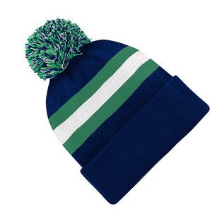 <b>Navy</b> <b>Blue</b> Green White Striped Pom Pom Beanie Hat Cuffed Knit Winter Warm Unisex Streetwear <b>Cap</b> - Product Image 4