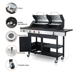 <b>3</b>-<b>Burner</b> Propane Gas <b>BBQ</b> Grill Side <b>Burner</b> Combined Charcoal Grill 37230BTU Output Enameled Cast Iron Cooking <b>BBQ</b> Grill Grill - Product Image 2
