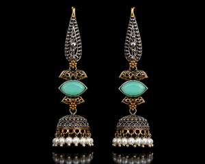 Pendientes de boda bohemios de latón con diseño de última moda, chapados en oro y plata oxidada, con piedra verde Monalisa, estilo indio Jhumka, para mujer, 21.5G |   Al por Mayor - Product Image 1