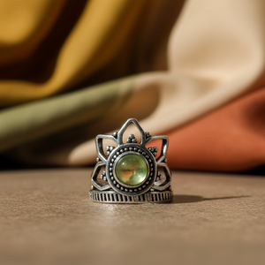 Moonleaf Prehnite Lotus Crown <b>Ring</b> <b>Silver</b> Plated Brass Bezel Setting Bohemian Style Natural Gemstone Artisan Jewelry - Product Image 4
