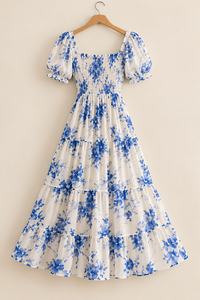 Vestido Maxi Tejido con Estampado Floral, Cuello Cuadrado, Manga Corta, Corte en A, Casual, Veraniego, Transpirable, Ecológico, 100% Algodón - Product Image 2