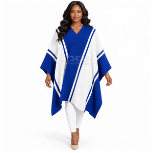 Cosh International Sorority Sisterhood Color Blocked Poncho V-Neck Batwing Sleeve Long Knitted Casual Sweater Blue White - Product Image 1