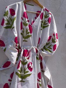Women's Floral Print 100% Cotton Maxi <b>Kaftan</b> Dress V Neck Batwing Sleeves Drawstring Eco-Friendly <b>Beach</b> Cover-Up Resort Lounge - Product Image 4