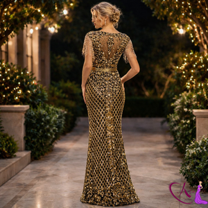 Vestido de Noche de Lujo con Adornos Dorados para Mujer |   Vestido Elegante para Fiesta |   Traje Formal de Diseñador |   Look para Bodas y Galas - Product Image 4