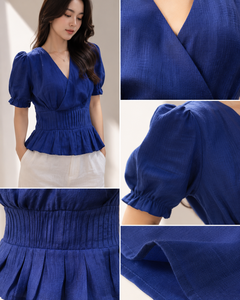 Conjunto de Lino/Algodón Bohemio Sólido Hecho a Mano Directo de Fábrica para Mujer, Top Peplum Casual Azul con Cuello en V y Pantalones Anchos Blancos Talla XL - Product Image 5