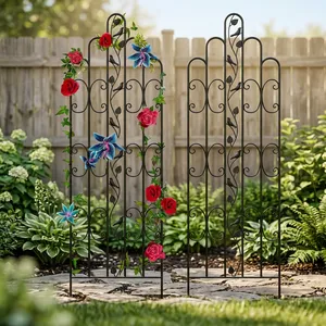 Black Metal Garden Trellis with Decorative Scroll <b>Leaf</b> Design Climbing Plant Support for Roses Vines Outdoor Yard Decor - Product Image 1