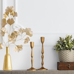 Antique Gold Taper Candle Holders, Heavy Duty <b>Cast</b> Iron Set of 2 Candlestick Holder Elegant Geometric Centerpiece - Product Image 2