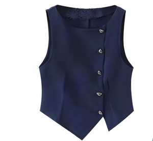 Conjunto Elegante de 2 Piezas para Mujer, Blazer sin Mangas con Detalle de Botones y Falda Línea A hasta la Rodilla, Color Azul Marino Sólido, Crepé, Primavera - Product Image 2