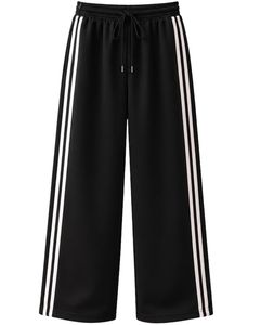 Pantalones Deportivos Anchos Negros con Franjas Laterales Blancas para Mujer, Corte Holgado Informal, Cintura Elástica, Ropa Deportiva, Pantalones Jogger, Ropa de Gimnasio - Product Image 1