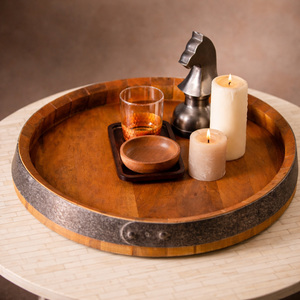 Bandeja Redonda de Madera Natural con Lámina Metálica Rústica, Ideal para Hogar, Hotel y Restaurante, Personalizable OEM/ODM - Product Image 1