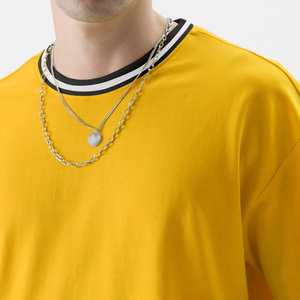 T-shirt pour homme à manches courtes, col rond, avec bordure contrastée jaune, coupe décontractée, t-shirt uni pour homme - Product Image 5