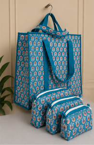 Ensemble de sacs fourre-tout en coton imprimé, fabriqués à la main en Inde, organisateur de voyage en textile, sac de courses réutilisable avec pochettes zippées assorties, pour le transport quotidien - Product Image 6