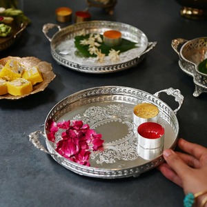 Silver Round Brass <b>Tray</b> with Handles Silver Decorative <b>Tray</b> with Handles Oval Coffee <b>tray</b> Hand Hammered Metal Platter for Living - Product Image 4