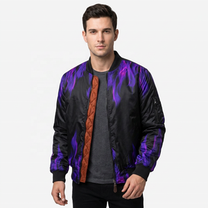 ROLEIN Unisex Long Front Purple Flame Print Eco-Friendly <b>Fleece</b> Bomber Jacket <b>Zipper</b> Closure Hooded Collar Casual Winter - Product Image 3