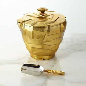 Metal <b>Gold</b> Rock <b>Ice</b> <b>Bucket</b> With Lid And Scoop Textured Faceted Geometric Design Insulated Luxury Barware Statement Piece - Product Image 1