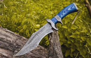 Couteau Bowie multifonctionnel de style Damas, fabriqué à la main, lame fixe, couteau utilitaire pour le camping en plein air, manche en bois bleu, étui en cuir - Product Image 4