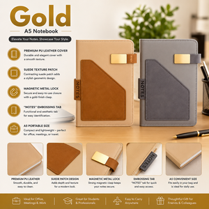 A5 Gold Premium PU Leather Saddle Stitched Hardcover Notebook Journal Magnetic Metal <b>Lock</b> Suede Patch Embossed Tab <b>Diary</b> for - Product Image 1