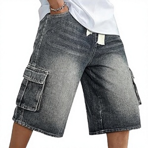 Shorts en jean noir délavé style vintage pour homme, taille haute, coupe large avec poche tissée, coupe-vent 100 % coton - Product Image 1