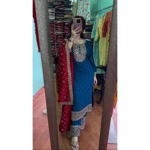 MODE CHINON SOIE BRODERIE SEQUENCE TRAVAIL TOP PALAZZO AVEC DUPATTA BLEU - Product Image 1